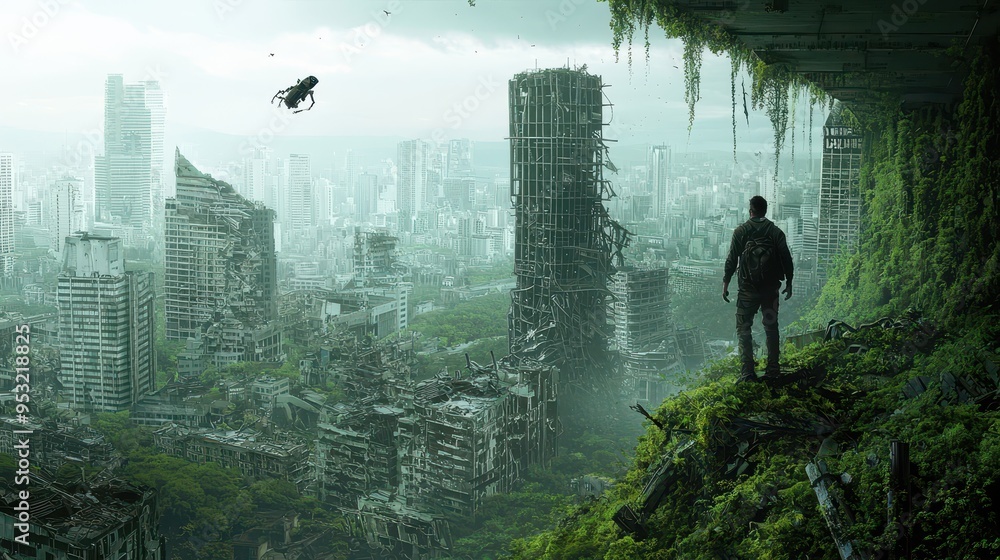 Fototapeta premium Post apocalyptic Cityscape with Man Standing on Overgrown Cliff