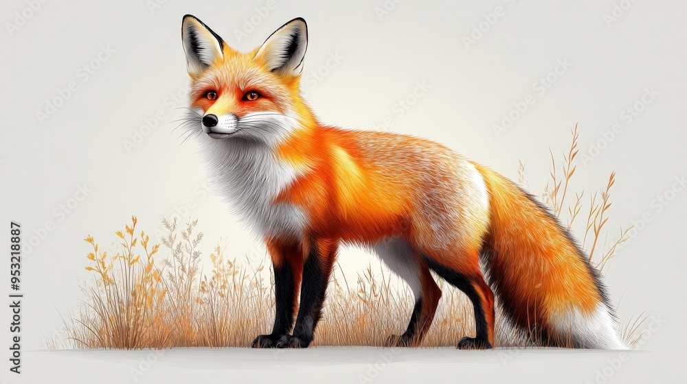 Fototapeta premium Red Fox in the Meadow: A striking depiction of a red fox, captured in a moment of serene beauty. This digitally painted masterpiece showcases the fox's vibrant fur, captivating gaze, and elegant postu