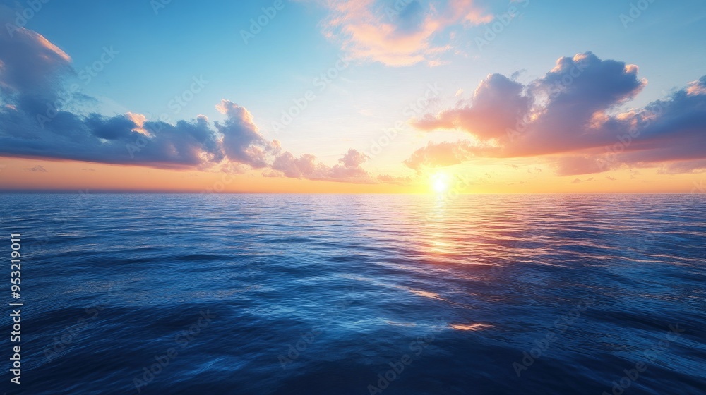 Obraz premium A stunning blue sunset over a calm ocean, with the sky and water blending seamlessly