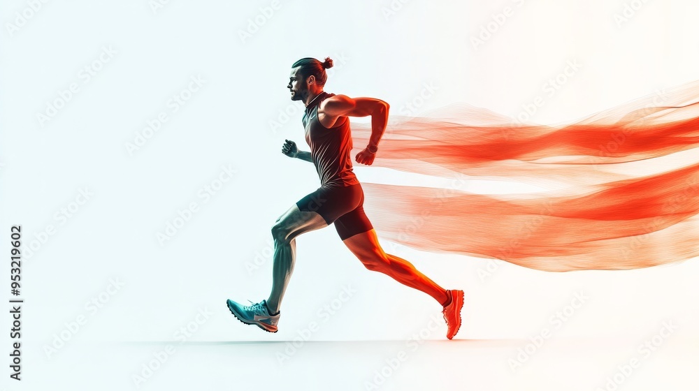 Runner in Motion: A powerful image of a determined athlete sprinting forward, his energy captured in swirling red trails that symbolize speed and passion. Runner in Motion: A powerful image of a determined athlete sprinting forward, his energy captured in swirling red trails that symbolize speed and passion.