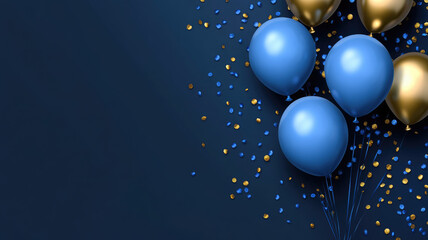 birthday party balloons, celebration background with golden blue confetti and blue balloons on dark blue background. banner, high quality photo