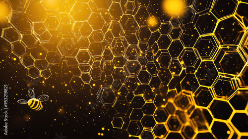 technological bee honeycombs. abstract beehive and apiary. digital bee cells. modern hexagons similar to bee cells. bee hive and apiary. black and yellow and gold background, high quality image photo