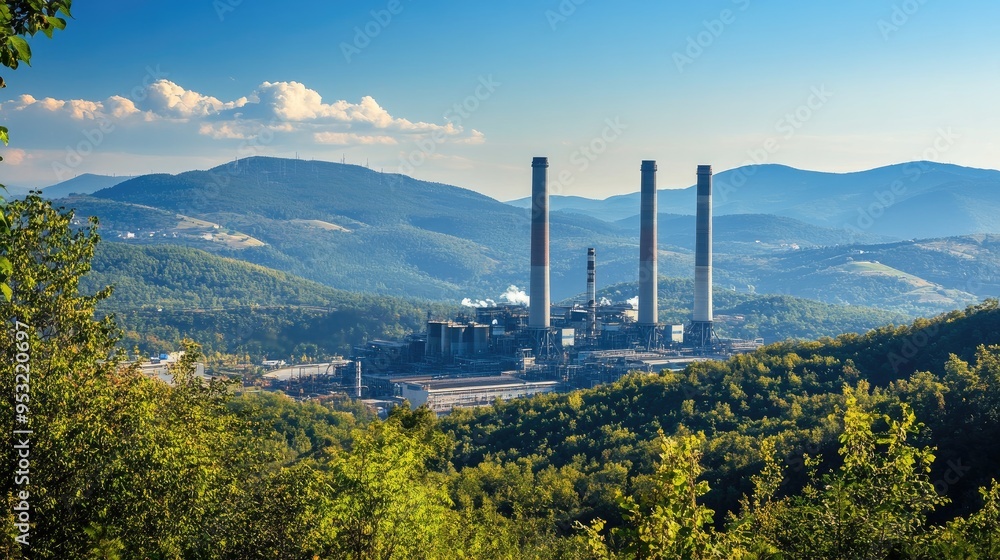 Obraz premium Smokestacks of an industrial plant rise above green hills and forests, with a clear blue sky framing the scene.