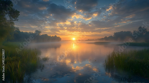 A misty sunrise over a calm...