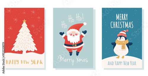 Christmas Greeting Hand Drawn card set. Drawing Merry Xmas invitation vector cards with Doodle xmas tree, Santa and Cute penguin. Cards, poster for the winter Holiday. Modern Flat Christmas background
