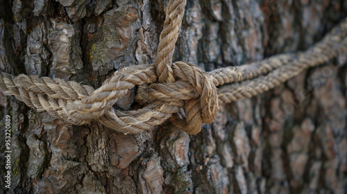 Close-up of a hammockâs ropes tied around a tree trunk, emphasizing the secure knot and bark texture.