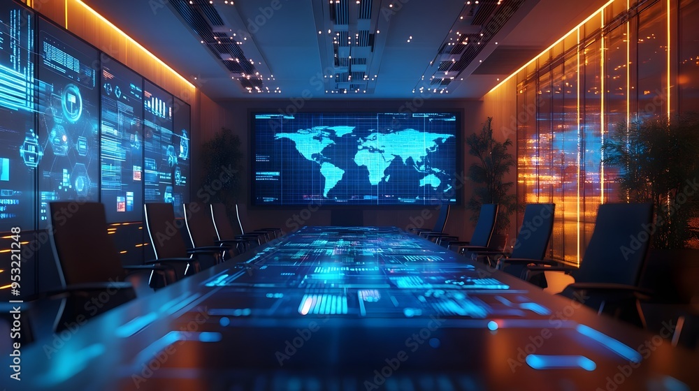 Futuristic Meeting Room Interior with World Map Display Futuristic Meeting Room Interior with World Map Display