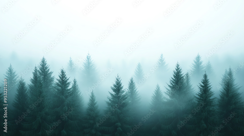 Fototapeta premium Misty forest landscape showcasing tall trees shrouded in a soft fog, creating a serene and mysterious atmosphere.