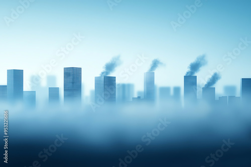 Urban skyline disappearing into fog with smoke rising from buildings, creating a mysterious and atmospheric scene of a city.