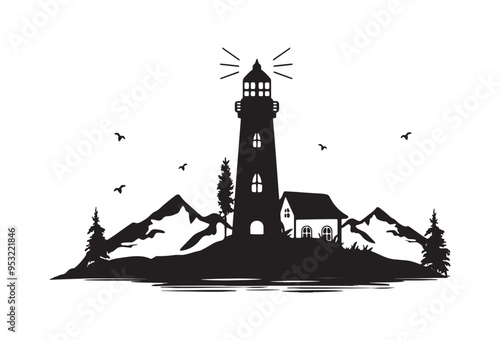 Beach Lighthouse vector silhouette. lighthouse on a background of mountains vector silhouette