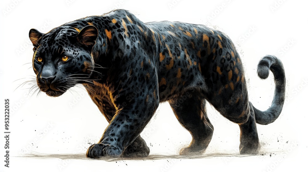 Black Panther Prowl: A majestic black panther, with striking golden markings, stalks through the wilderness, its gaze intense and focused, a symbol of power and grace. Black Panther Prowl: A majestic black panther, with striking golden markings, stalks through the wilderness, its gaze intense and focused, a symbol of power and grace.