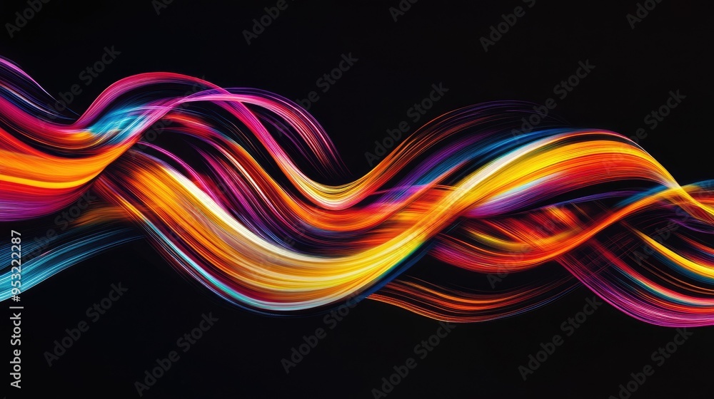 Bright, swirling ribbons of color on a black background, creating a dynamic, energetic abstract visual Bright, swirling ribbons of color on a black background, creating a dynamic, energetic abstract visual