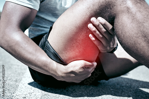Fotografija Hamstring pain, hands and person with injury on road after training accident and exercise risk closeup