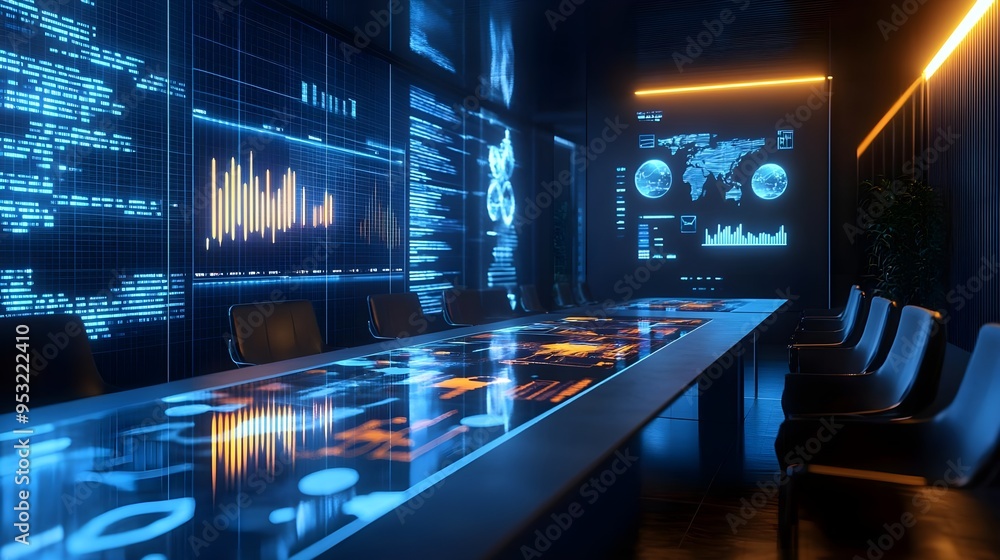 Futuristic Meeting Room with Interactive Table & Data Visualizations Futuristic Meeting Room with Interactive Table & Data Visualizations