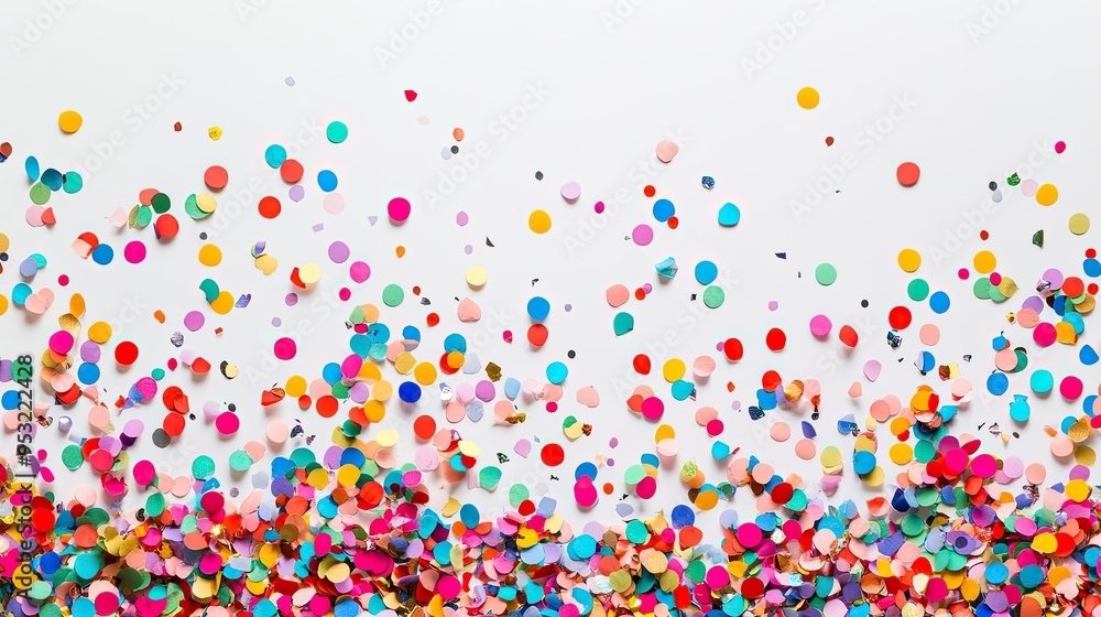 Colorful confetti scattered across a white background, creating a festive and joyful abstract pattern Colorful confetti scattered across a white background, creating a festive and joyful abstract pattern