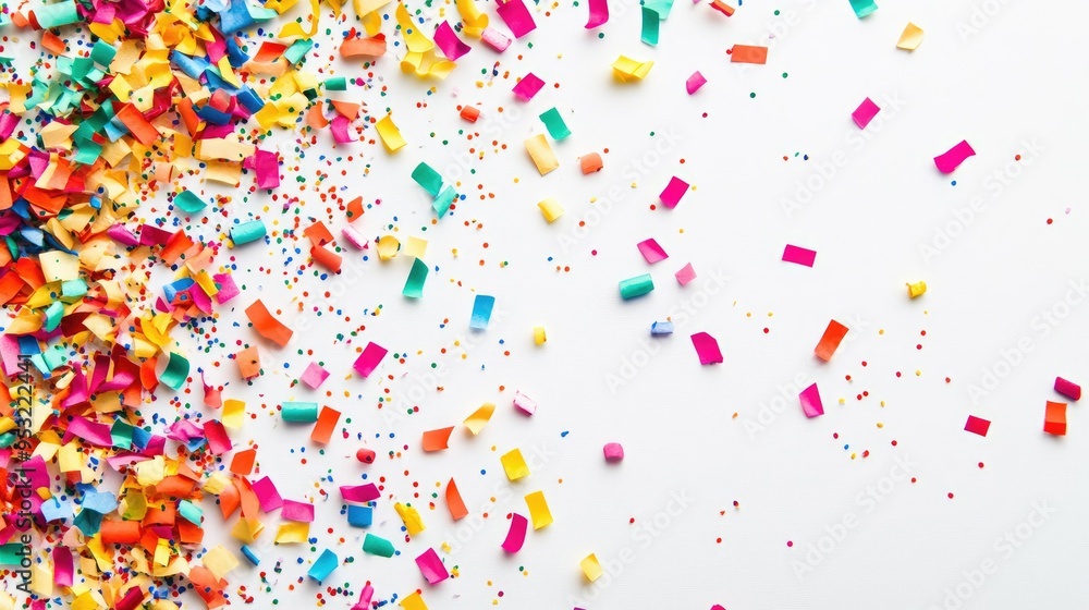 Colorful confetti scattered across a white background, creating a festive and joyful abstract pattern Colorful confetti scattered across a white background, creating a festive and joyful abstract pattern