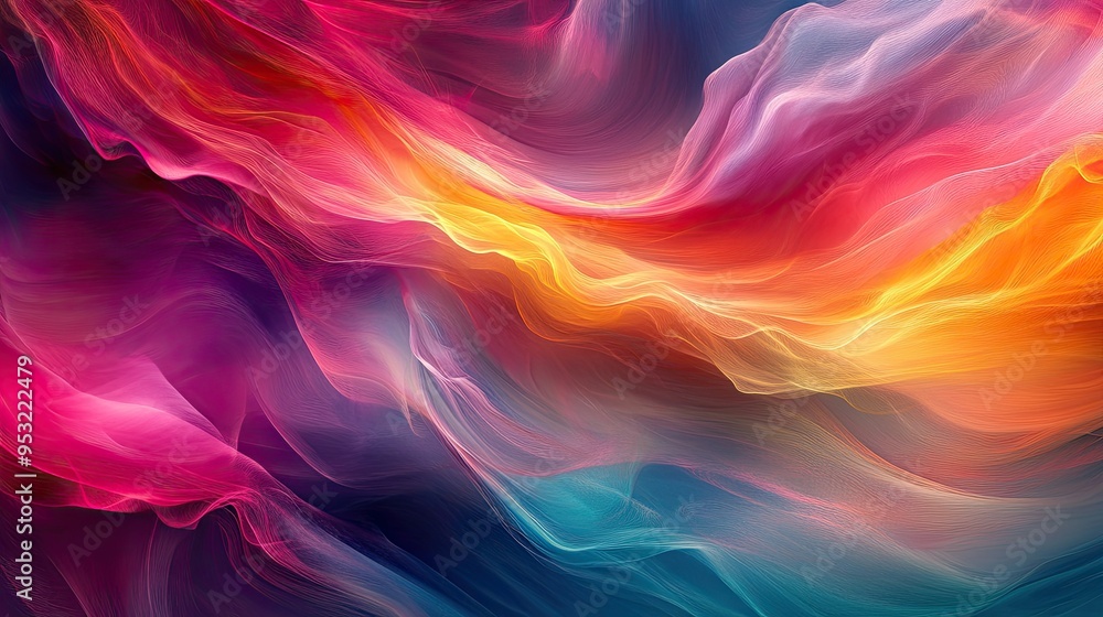 Fluid, multicolored waves undulating across the frame, creating a soft and mesmerizing abstract effect Fluid, multicolored waves undulating across the frame, creating a soft and mesmerizing abstract effect