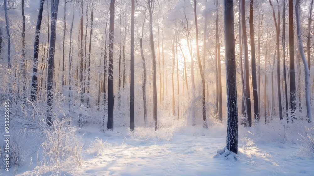 Snowy trees in a cold forest.