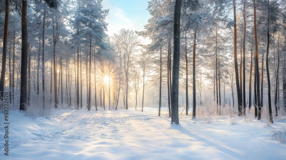Frozen forest with snow-covered trees. Frozen forest with snow-covered trees.