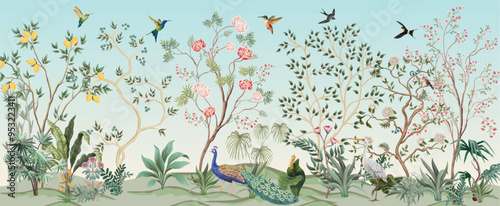 Blossom Chinoisserie Mural wallpaper, Birds, Peacock, Watercolor tree and background.
