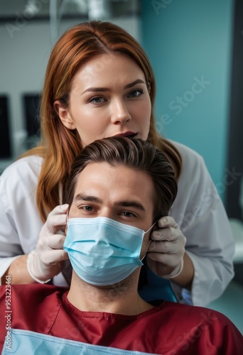 A female dentist attends to a male patient in a clinic, highlighting care and precision during a dental procedure.