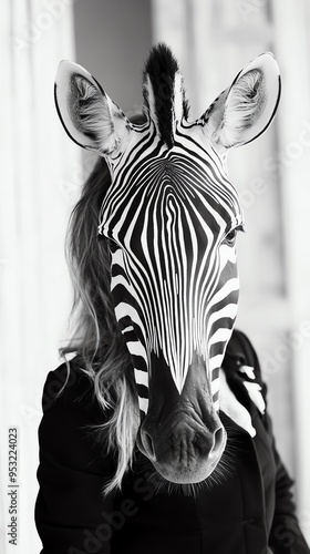 A surreal image featuring a person with a zebra mask, blending human and animal characteristics in a striking black and white theme. photo