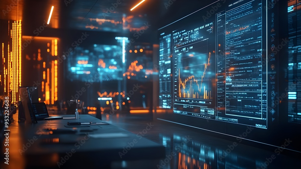 Futuristic Office Interior with Data Analytics Display Futuristic Office Interior with Data Analytics Display