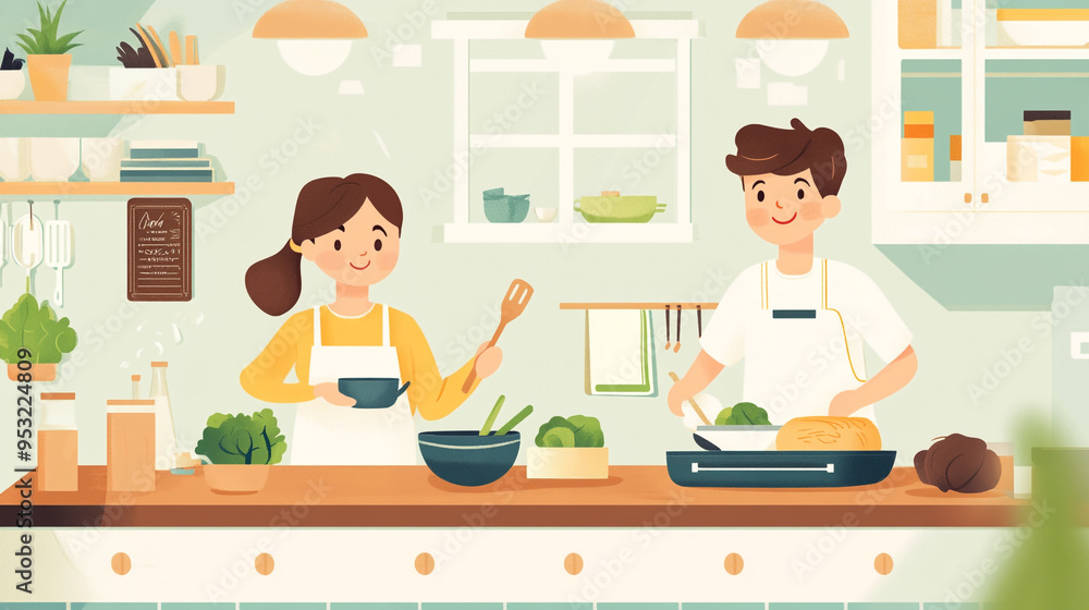 A couple cooking together in a cozy kitchen, preparing a healthy meal with fresh vegetables in a cheerful atmosphere A couple cooking together in a cozy kitchen, preparing a healthy meal with fresh vegetables in a cheerful atmosphere