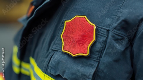 A close-up of a firefighter s uniform with a  Never Forget  badge, Patriot Day, firefighter, Never Forget badge photo