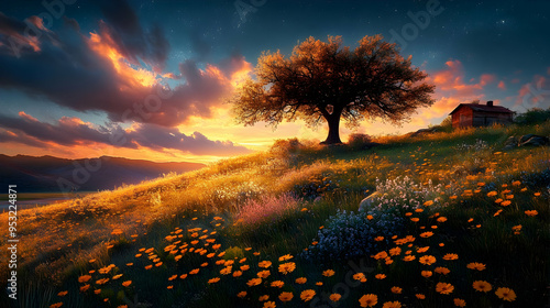 A scenic sunset over a mead...