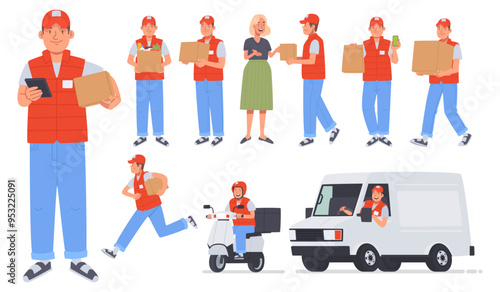 Set of courier character delivering an order. Food or things delivery service. Delivery man rides a van, moped, runs