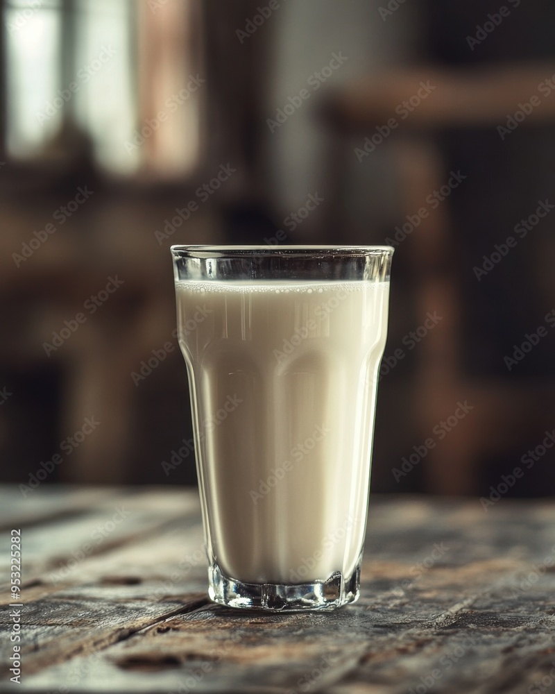 Glass of Milk on Rustic Table: A single glass of fresh, frothy milk sits on a rustic wooden table, bathed in soft natural light, evoking a sense of simple pleasures and wholesome nourishment. Glass of Milk on Rustic Table: A single glass of fresh, frothy milk sits on a rustic wooden table, bathed in soft natural light, evoking a sense of simple pleasures and wholesome nourishment.
