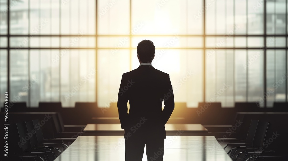 Businessman anticipates presentation, observing outside Businessman anticipates presentation, observing outside