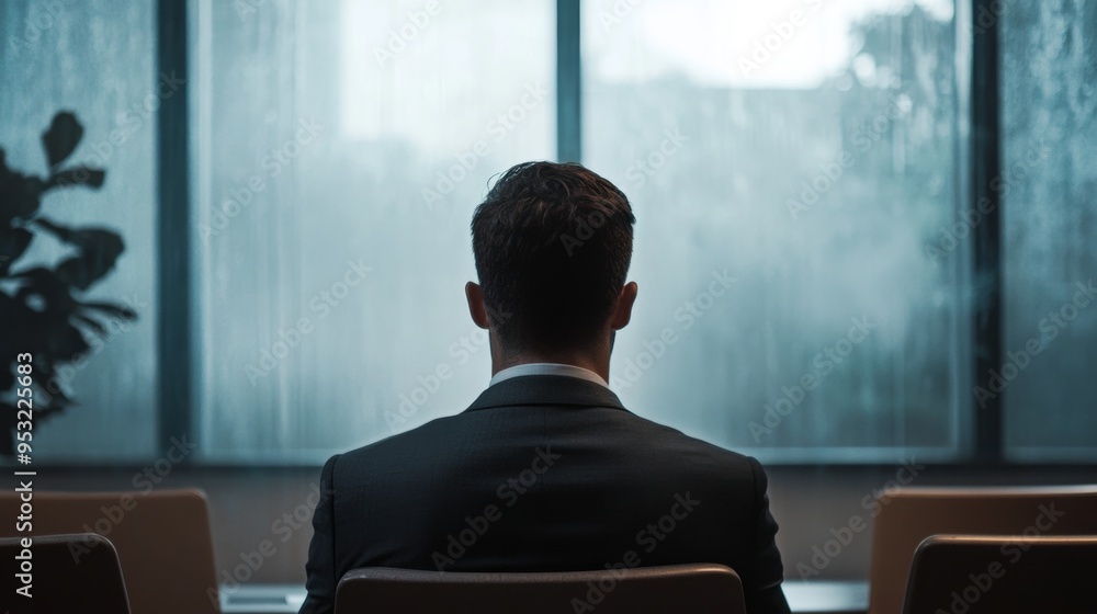 Businessman peers out window before presentation Businessman peers out window before presentation