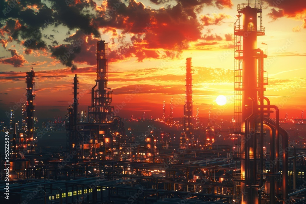 Industrial facility with oil tanks and pipes, set against a colorful sunset backdrop Industrial facility with oil tanks and pipes, set against a colorful sunset backdrop