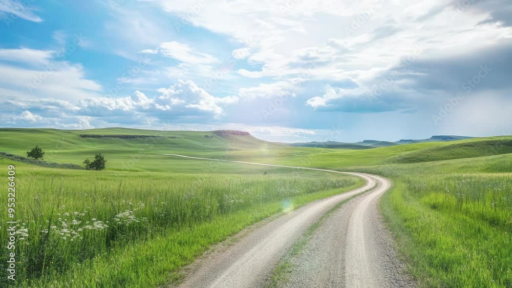 A Winding Dirt Road Through Rolling Green Hills Under a Bright Blue Sky with Fluffy Clouds A Winding Dirt Road Through Rolling Green Hills Under a Bright Blue Sky with Fluffy Clouds