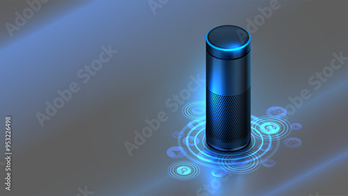 Smart speaker for voice control smart home. AI speaker hub internet of things or IOT of smart home system. Smart speaker on glasses table with icons devices connected. Voice control IOT concept.