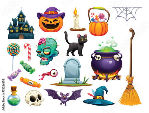 Set of Halloween items, including castle, pumpkin, cauldron, candies, and more. Vector cartoon illustration