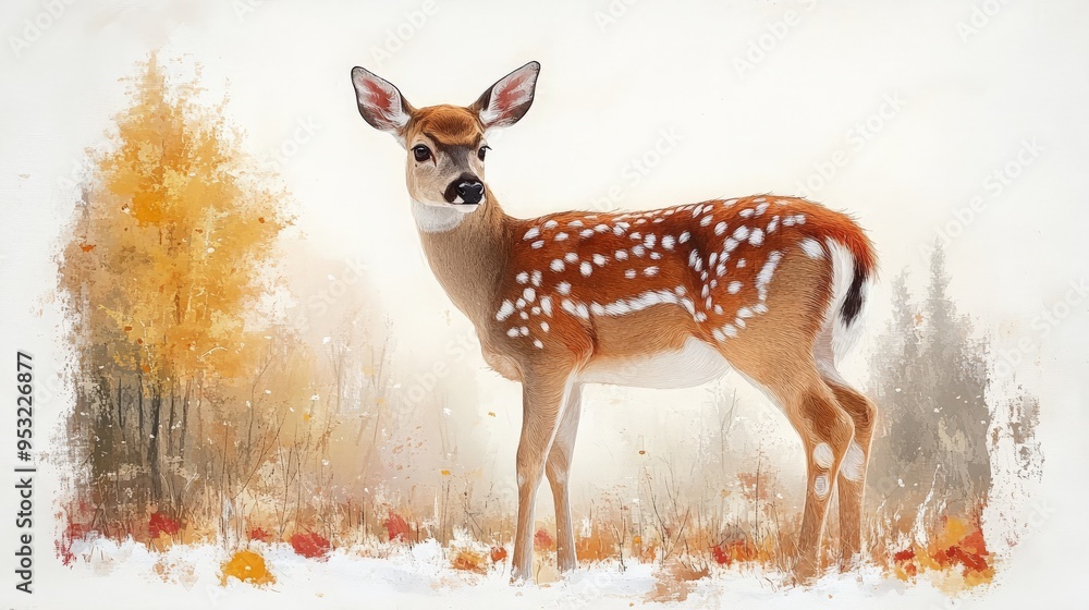 Fawn in Winter Wonderland: A young white-tailed deer stands gracefully amidst a snowy, autumnal landscape, its coat speckled with spots, creating a breathtaking image of nature's beauty. Fawn in Winter Wonderland: A young white-tailed deer stands gracefully amidst a snowy, autumnal landscape, its coat speckled with spots, creating a breathtaking image of nature's beauty.