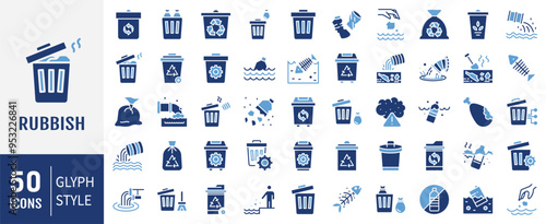 Rubbish flat icon set. Containing disposal, landfill, garbage collection, plastic, sorting, contamination icon. Simple flat vector. photo