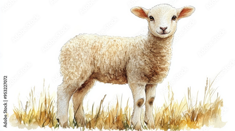 Innocent Lamb in Watercolor: A sweet and tender watercolor illustration of a fluffy white lamb standing in a field of golden grass. Its soft eyes and gentle expression evoke a sense of peace and tra Innocent Lamb in Watercolor: A sweet and tender watercolor illustration of a fluffy white lamb standing in a field of golden grass. Its soft eyes and gentle expression evoke a sense of peace and tra