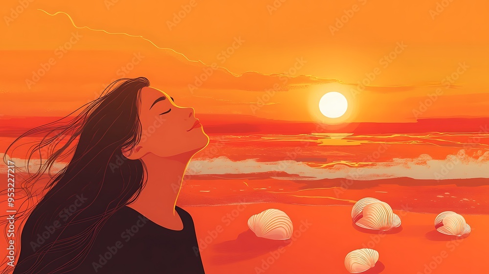Serene Woman Standing on Beach at Sunset Surrounded by Seashells and Waves in Vibrant Orange Background, Feeling Sand Beneath Feet Serene Woman Standing on Beach at Sunset Surrounded by Seashells and Waves in Vibrant Orange Background, Feeling Sand Beneath Feet