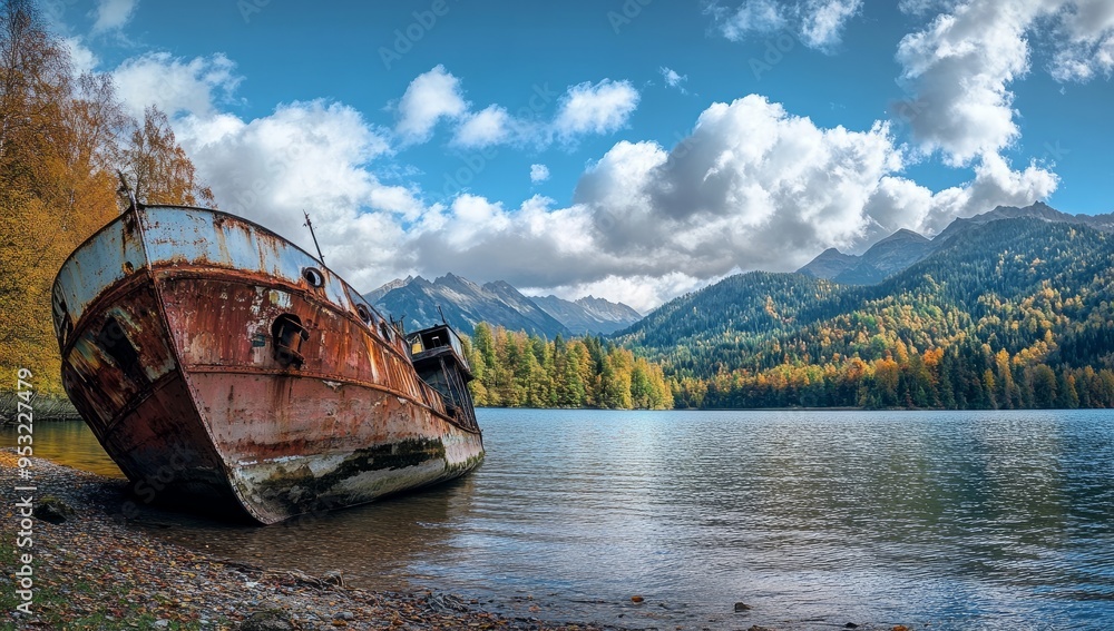 Wide-angle view of a weathered, rust-covered abandoned iron ship near a lake. The Pioneer vessel rests along the shores Wide-angle view of a weathered, rust-covered abandoned iron ship near a lake. The Pioneer vessel rests along the shores
