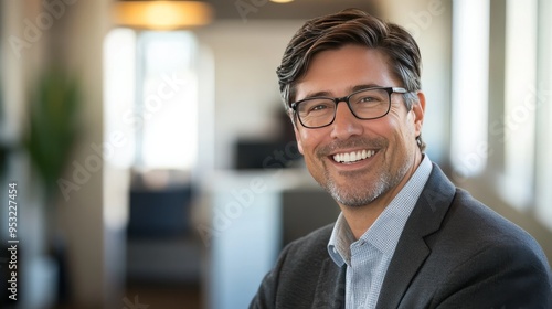 Man in glasses in office, smiling confidently.