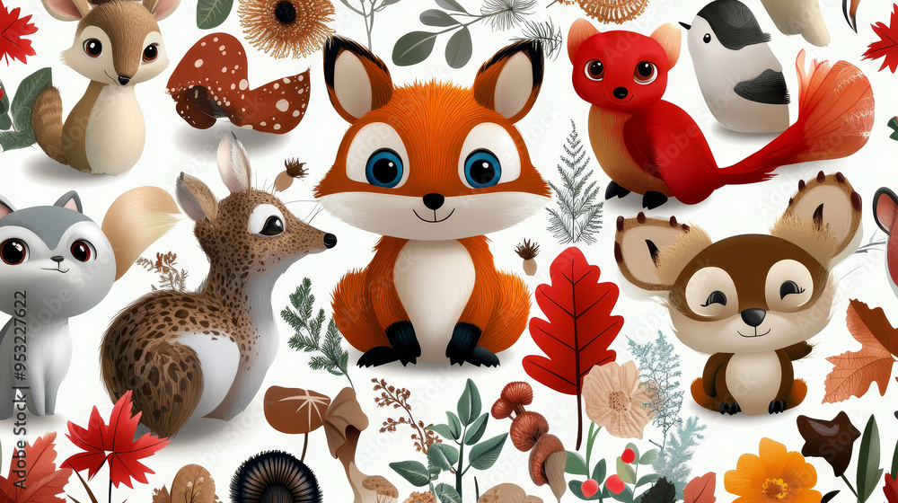 Obraz premium Cute Cartoon Forest Animals Seamless Pattern Autumn Woodland Creatures Wildlife Illustration