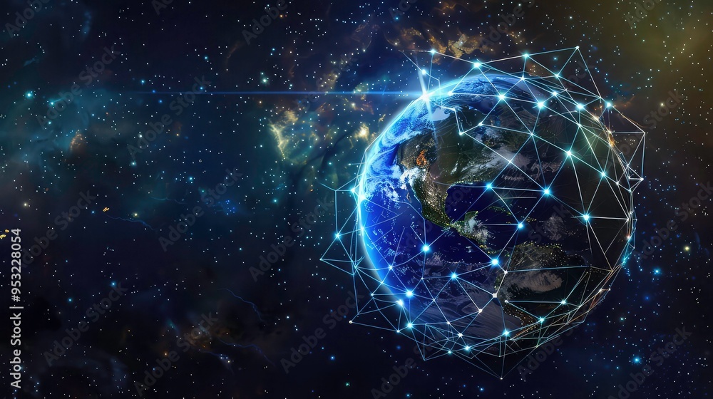 Earth Globe Surrounded by a Network of Lines and Lights in Space. Earth Globe Surrounded by a Network of Lines and Lights in Space.