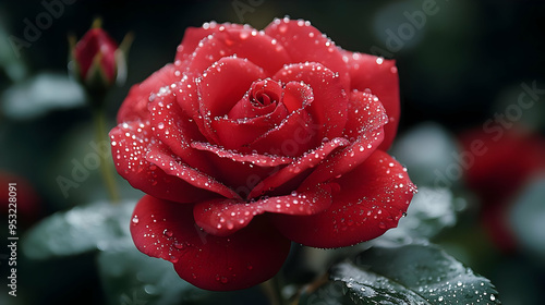 A single red rose with dew ...