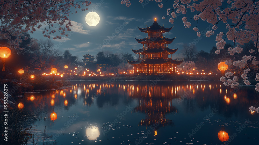 Obraz premium a chinese pagoda near a river of water, full moon, night scene, Chinese new year