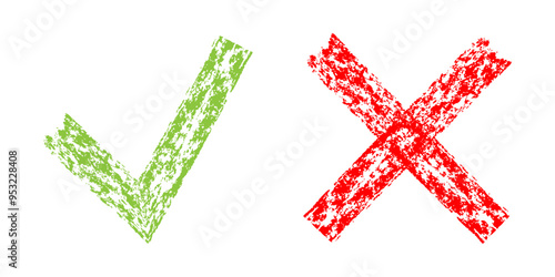 Hand drawn green check mark and red cross. Crayon sketch of true and false symbols, isolated on a white background.