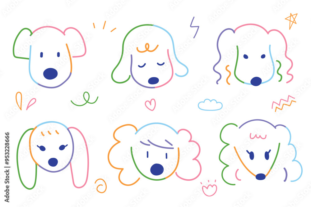Cute dogs face hand drawn doodle with colorful line for element illustration pet clinic and kid Cute dogs face hand drawn doodle with colorful line for element illustration pet clinic and kid